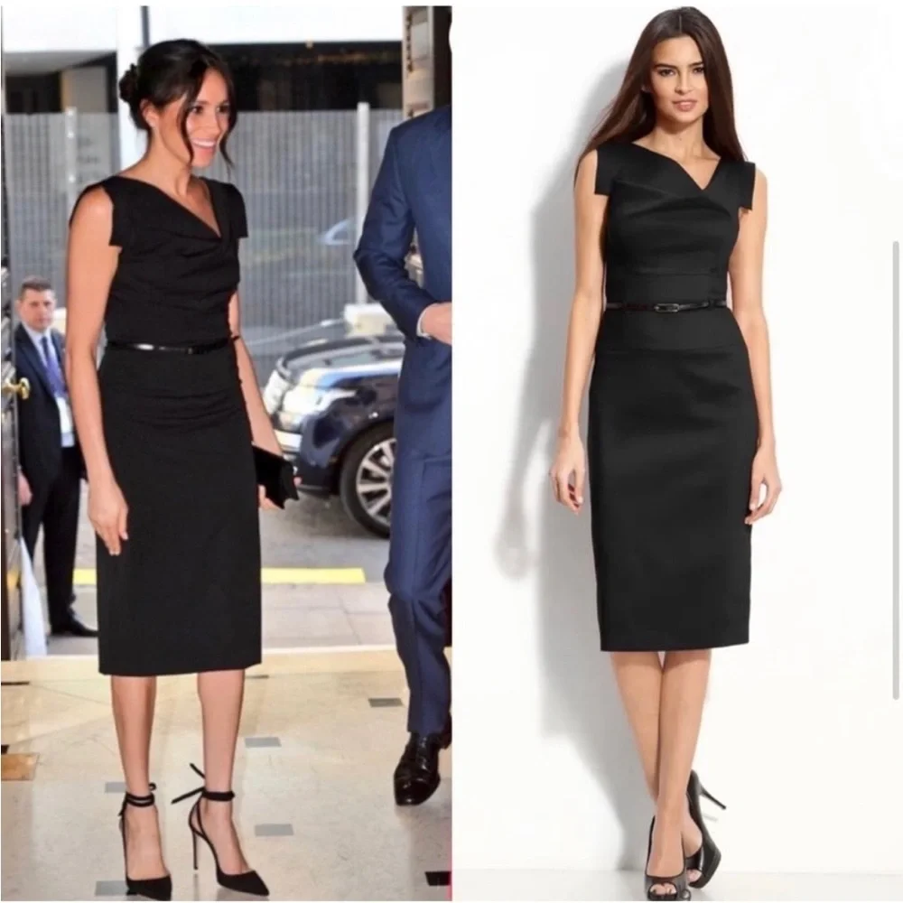 Black Halo Jackie O Belted Cocktail Sheath Dress Black Blogger Celeb Fave Sz 14 - Picture 11 of 16
